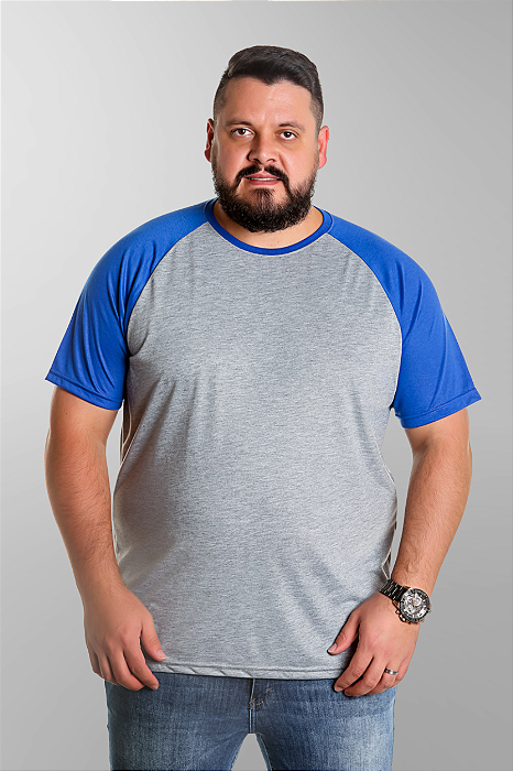 Camiseta Raglan Plus Size Cinza Mescla Com Manga Azul Royal 100% Poliéster