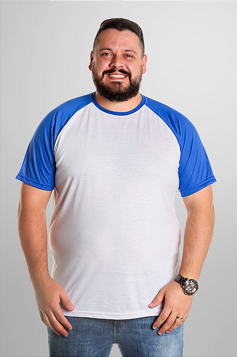 Camiseta Raglan Plus Size Branca Com Manga Azul Royal 100% Poliéster