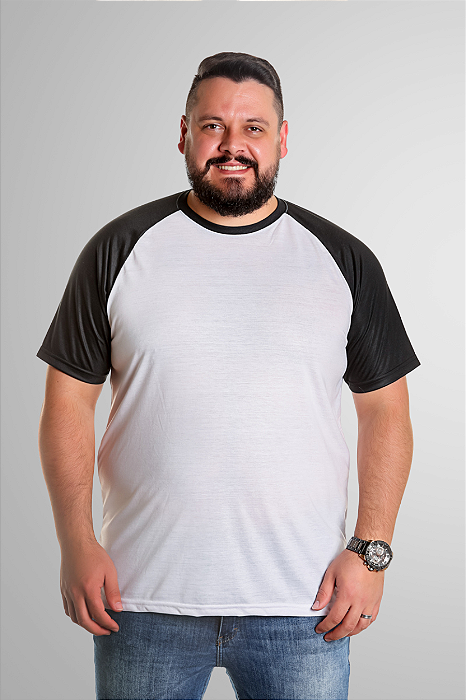 Camiseta Raglan Plus Size Branca Com Manga Preta 100% Poliéster