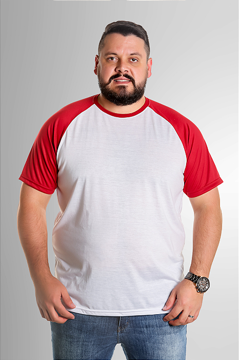 Camiseta Raglan Plus Size Branca Com Manga Vermelha 100% poliéster
