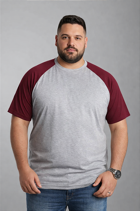 Camiseta Masculina Raglan Plus Size Cinza Mescla Com Manga Marsala / Vinho 100% Poliéster