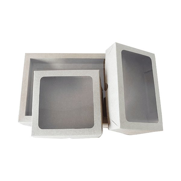 Caixa para presente de papel kraft com visor transparente un.