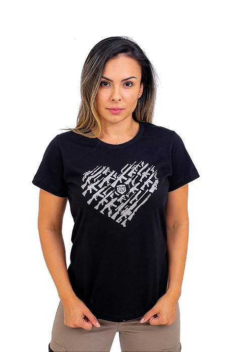 CAMISA FEMININA PRETA CORAÇÃO - HEROS