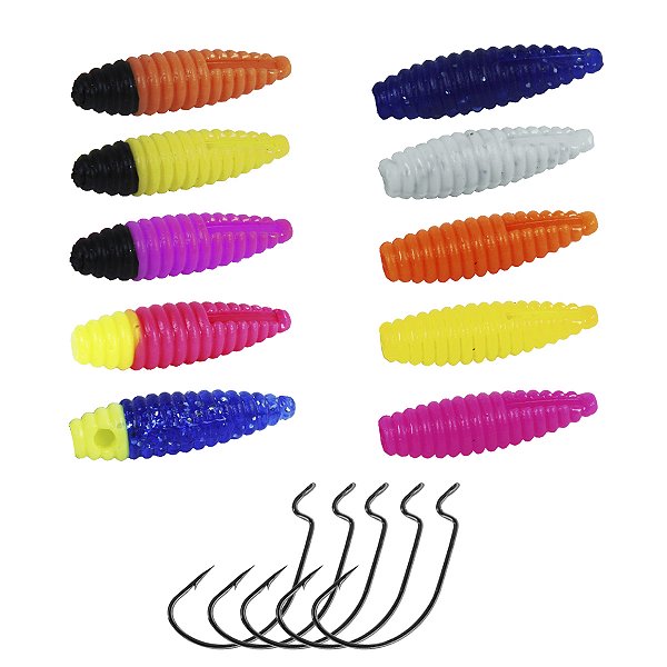 Kit Isca Artificial 10 Charutinho Maluco + 5  Anzol Offset 3/0