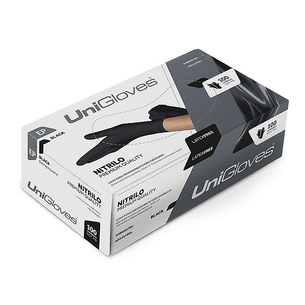 Luva nitrílica descartável sem pó Black - Unigloves Premium - Caixa com 100 unidades