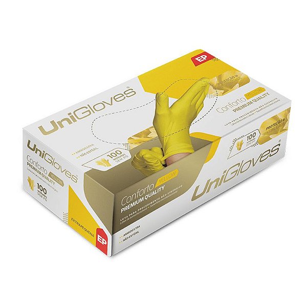 Luva látex descartável sem pó Yellow - Unigloves Conforto - Caixa com 100 unidades