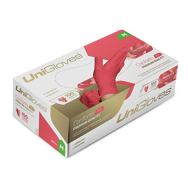 Luva látex descartável sem pó Red - Unigloves Conforto - Caixa com 100 unidades