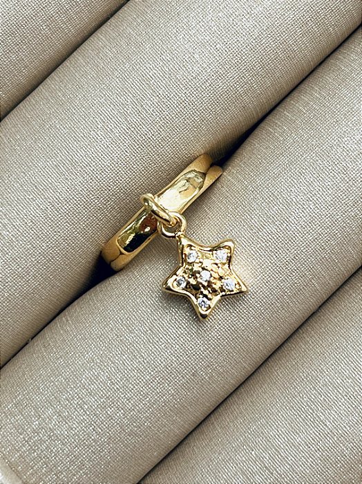 Anel Liso Pingente Estrela Cravejada Zircônia Banhado em Ouro