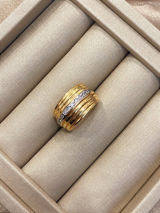 Anel Filete Cravejado Zircônia Banhado em Ouro