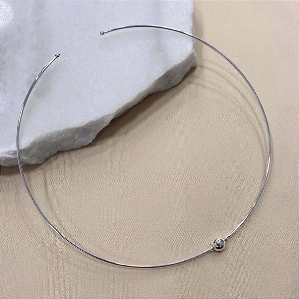 Choker Rigida Minimalista Bolinha Espelhada Banhado em Prata