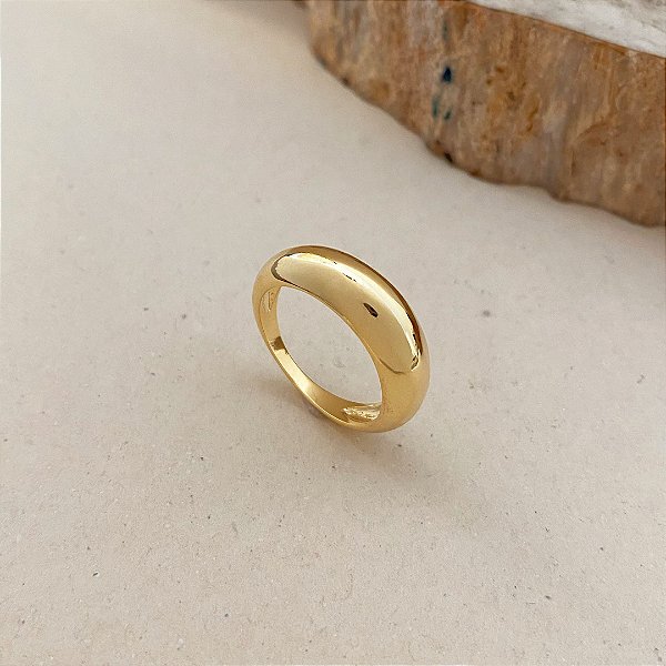 Anel Alto Liso Espelhado Banhado em Ouro 18k