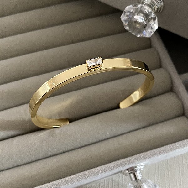 Bracelete Tubo Zircônia Baguete Cravada Banhado em Ouro 6mm