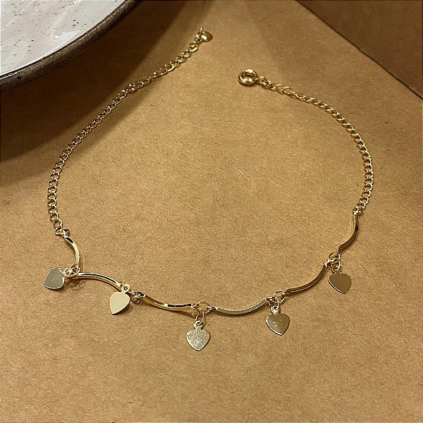 Tornozeleira Delicada Corações Banhado em Ouro 18k