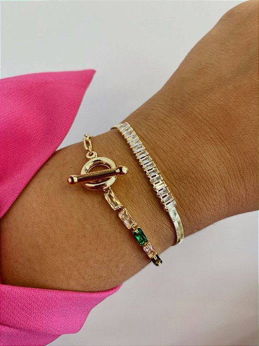 Pulseira Riviera Baguete Colorida com Elos Fecho T Banhada em Ouro 18k
