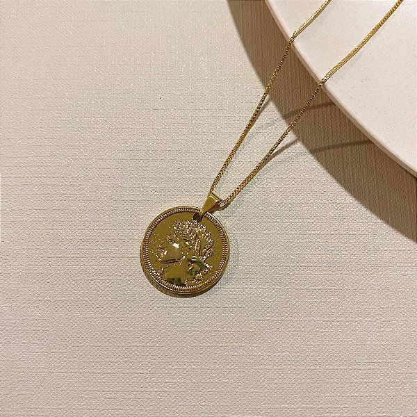 Colar Medalha Moeda Antiga Banhado em Ouro 18k 50cm