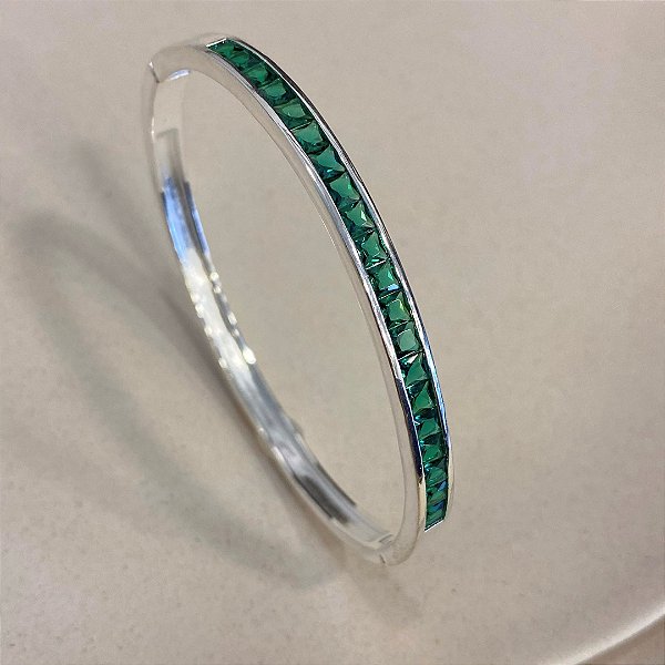 Bracelete Luxo Zircônia Esmeralda Cravada Banhado em Prata