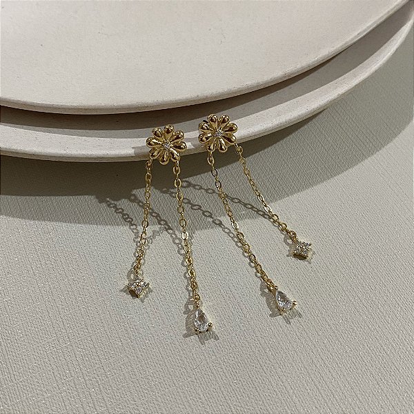 Brinco Minimalista Flor Zircônia Cravejado Banhado em Ouro