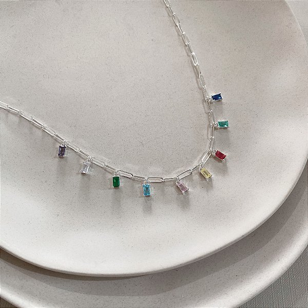 Choker Multi Pingentes Coloridos Banhado em Prata