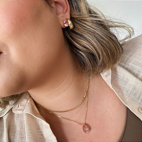 Conjunto Gota Zircônia Rosa Banhado em Ouro