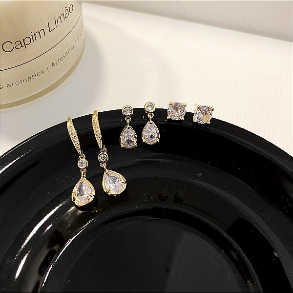 Trio Brincos Zircônia Cravejada Banhado em Ouro
