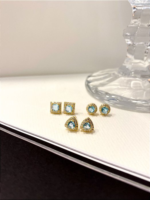 Trio Brincos Agua Marinha Cravejadas Banhado em Ouro