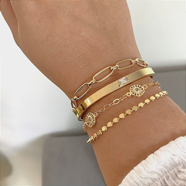 Pulseira Multi Elos Cravejado Banhada em Ouro