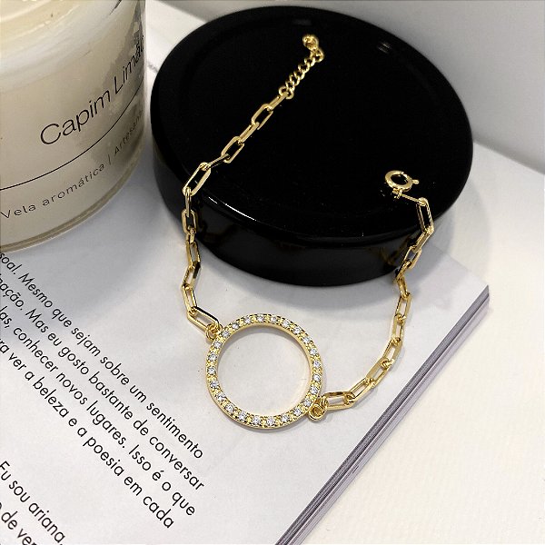 Pulseira Pingente Circulo Vazado Cravejado Banhada Ouro