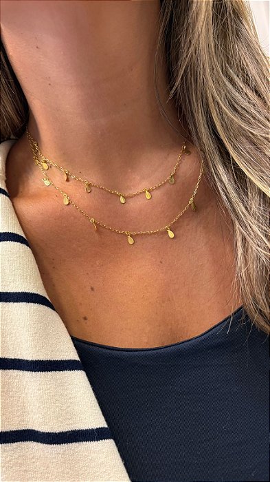 Colar Duplo Delicado Pingente Gota Escovado Banhado Ouro