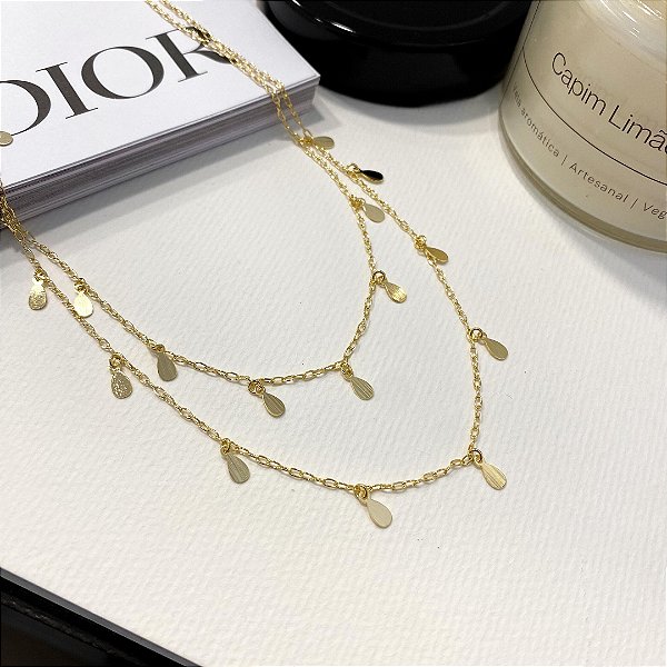Colar Duplo Delicado Pingente Gota Escovado Banhado Ouro