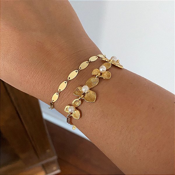 Pulseira Ajustável Plaquinhas Espelhadas Banhada em Ouro