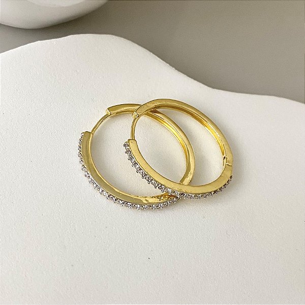 Argola Cravejada Zircônia 30mm Banhado em Ouro