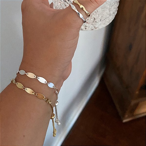 Pulseira Ajustável Plaquinhas Espelhadas Banhada em Prata