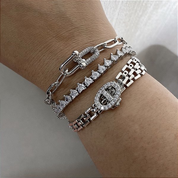 Pulseira Inspiração T Cravejada Banhada em Ródio