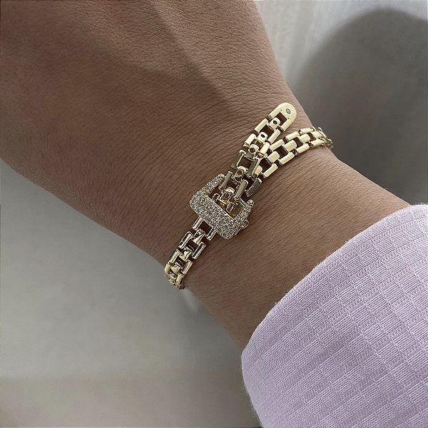 Pulseira Regulável Cravejada Banhada em Ouro