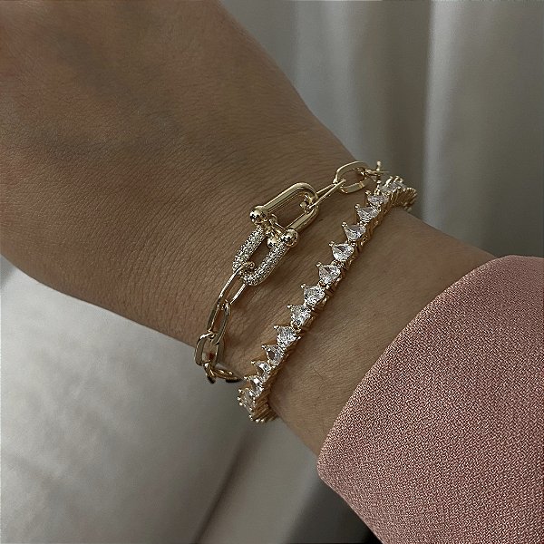 Pulseira Riviera Corações Caixa Dupla 3 Pontas Zircônia 4mm Banhado em Ouro