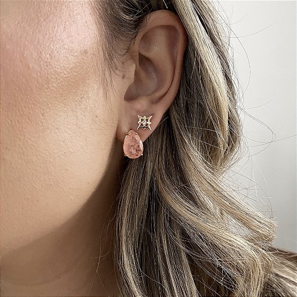 Brinco Gota Turmalina Salmão Banhado Ouro