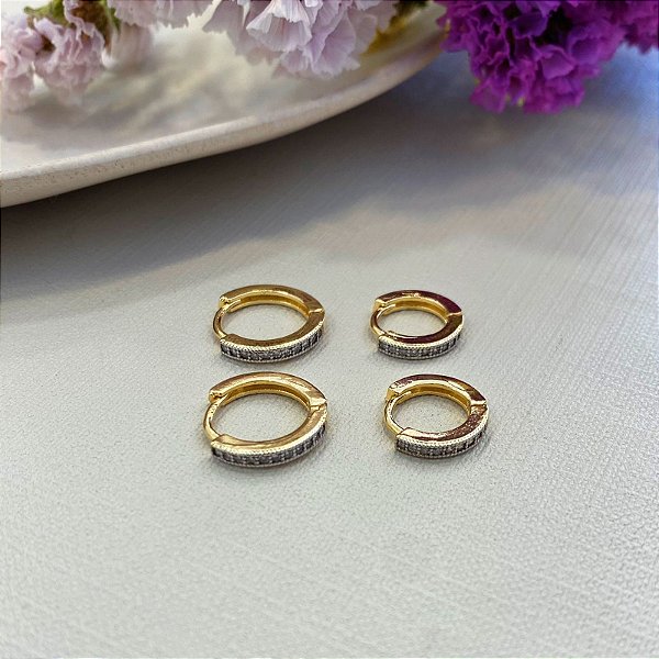 Conjunto Argola Cravejada 1º e 2º Furo Banhada em Ouro