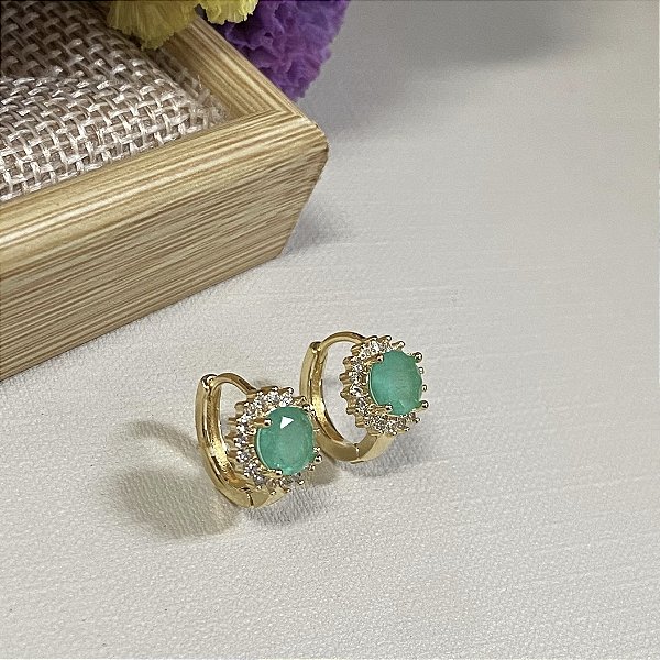 Argola Chuveirinho Esmeralda Colombiana Cravejada Banhada em Ouro