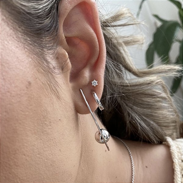 Brinco Longo Bola Haste Espelhado Banhado em Ródio