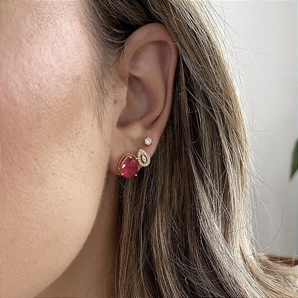 Brinco Gota Turmalina Pink Banhado em Ouro