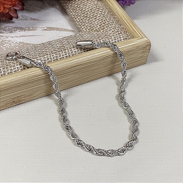 Pulseira Cordão Torcido 3mm Banhado em Ródio