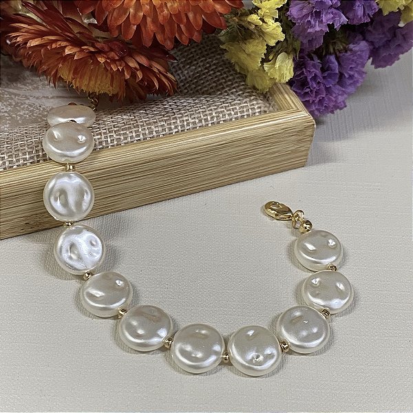 Pulseira Pérola Pastilha 12mm Banhado em Ouro