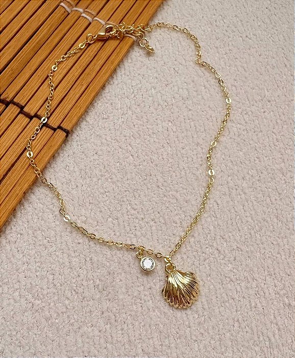 Tornozeleira Praia Concha Shell Ponto Luz Banhada Ouro