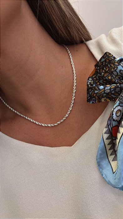 Colar Cordão Torcido 45cm 3mm Banhado em Prata