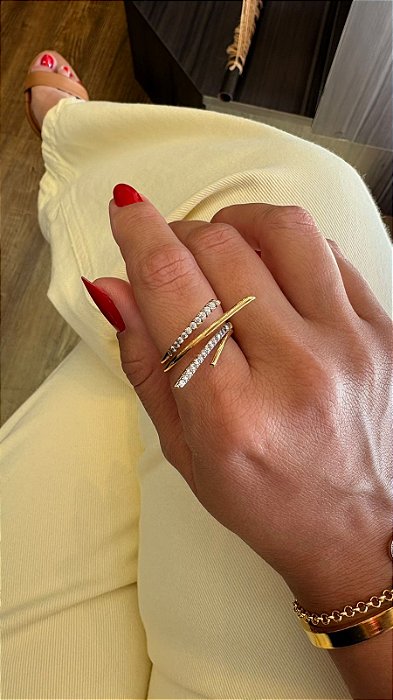 Anel Duplo Luxo Cravejado Regulável Banhado Ouro