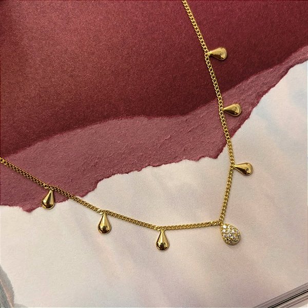 Colar Delicado Gotas Cravejada e Lisas Banhado em Ouro