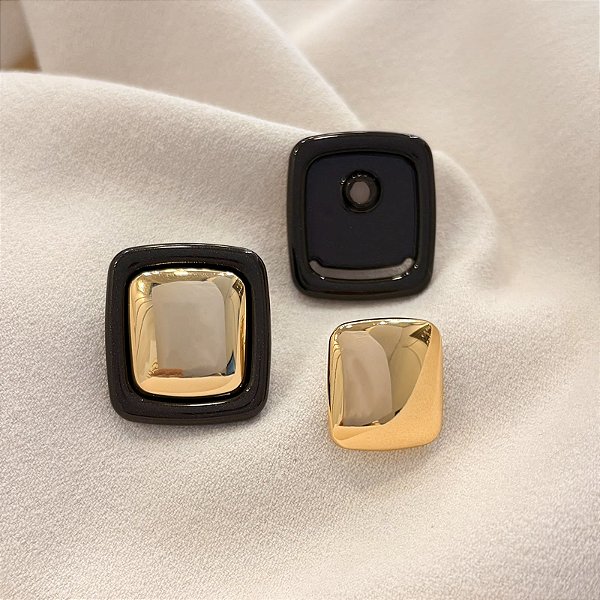 Brinco Quadrado Marrom Cabochão Espelhado Banhado Ouro