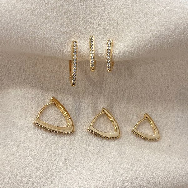 Trio Argola Triangular Cravejada 1 Filete Banhado Ouro
