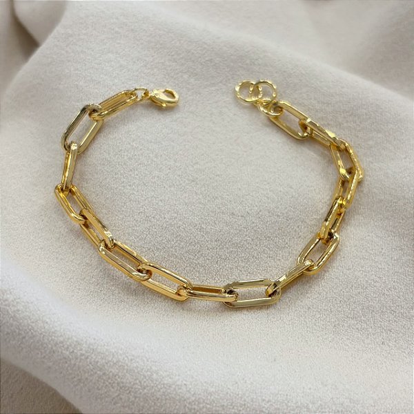 Pulseira Elos Liso Alongado Minimalista Médio Banhado em Ouro