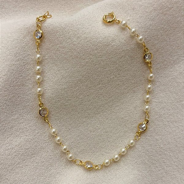 Pulseira Pérolas com Pontos de Luz Banhado em Ouro